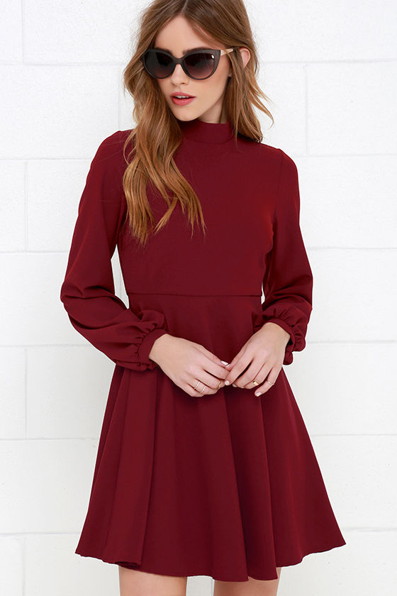 Fun Wine Red Dress - Long Sleeve Dress ...